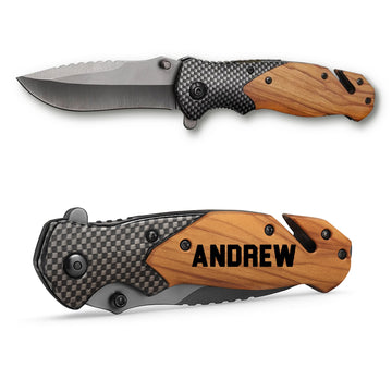 Personalized folding pocket knife shown open and closed, with a wood and carbon-fibre-style handle engraved with a first name