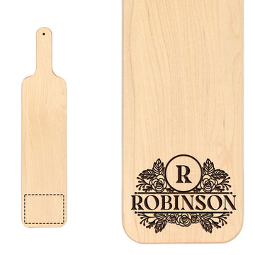 Personalized long maple Baguette board with floral Robinson monogram detail