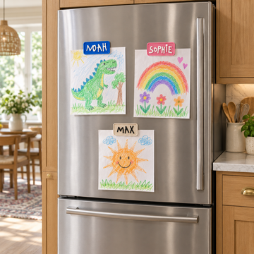 Three children's drawings displayed on a stainless-steel refrigerator with blue NOAH, pink SOPHIE and neutral MAX custom handwriting magnets.