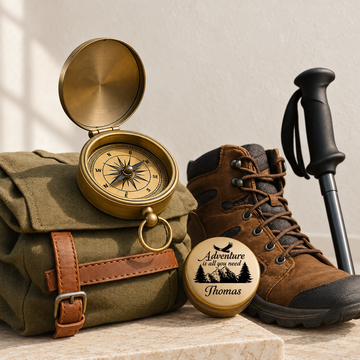 Open brass compass beside a closed brass compass engraved with a mountain scene, a name and a year