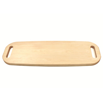Plain long maple serving platter with rounded corners and two cutout handles on a white background.