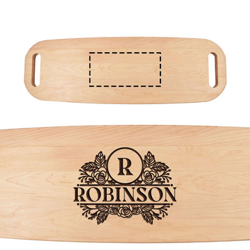 Maple serving platter shown plain with an engraving area and personalized with a floral Robinson monogram.