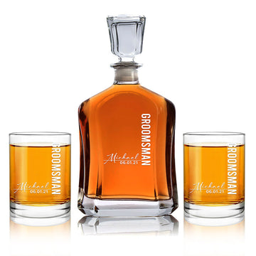 Personalized groomsman decanter with two engraved whiskey glasses