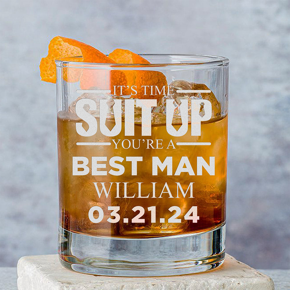 Personalized Whiskey Glass - "Suit Up Groomsman"