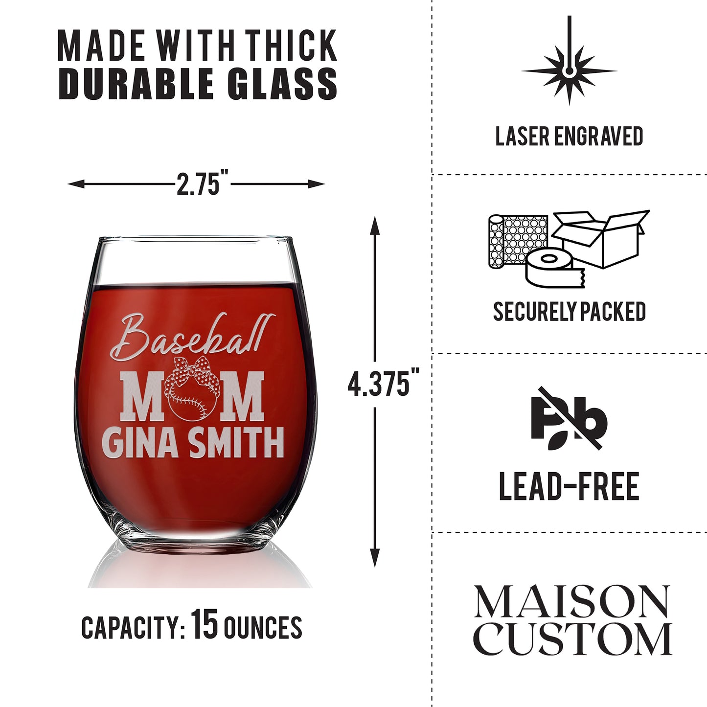 Personalized Stemless Wine Glass - Baseball Mom