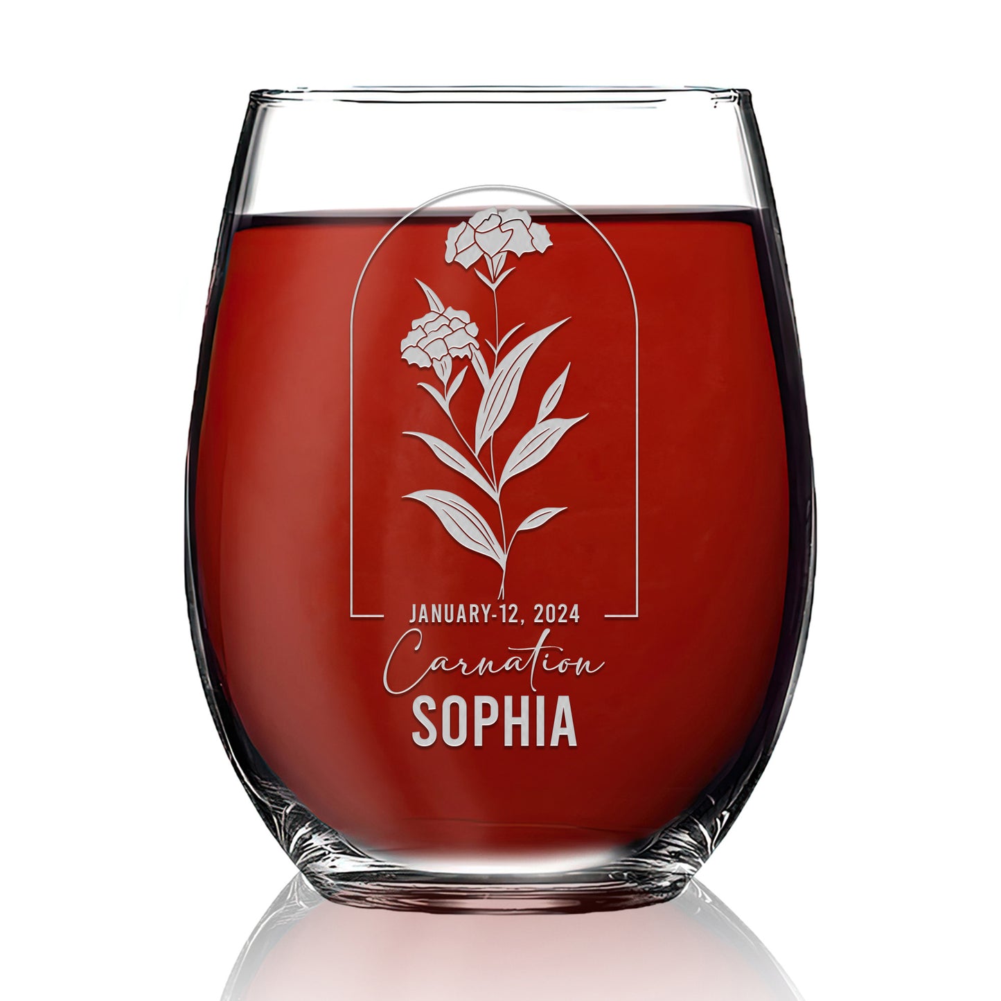 Personalized Stemless Wine Glass - Birth Flowers - Carnation January