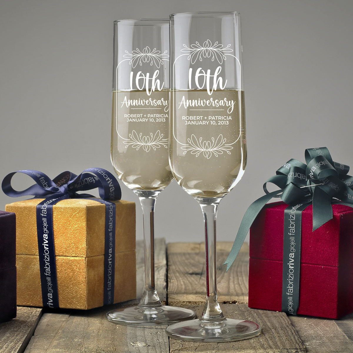 Personalized Champagne Flute Glass Set - "Anniversary"