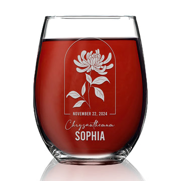 Personalized Stemless Wine Glass - Birth Flowers - 