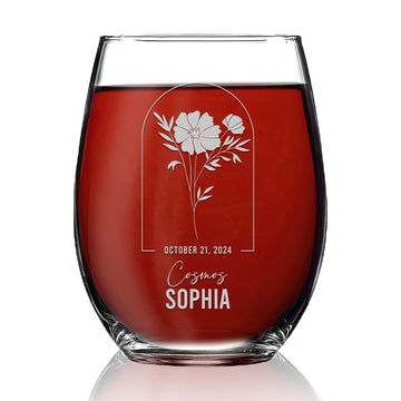 Personalized Stemless Wine Glass - Birth Flowers - 