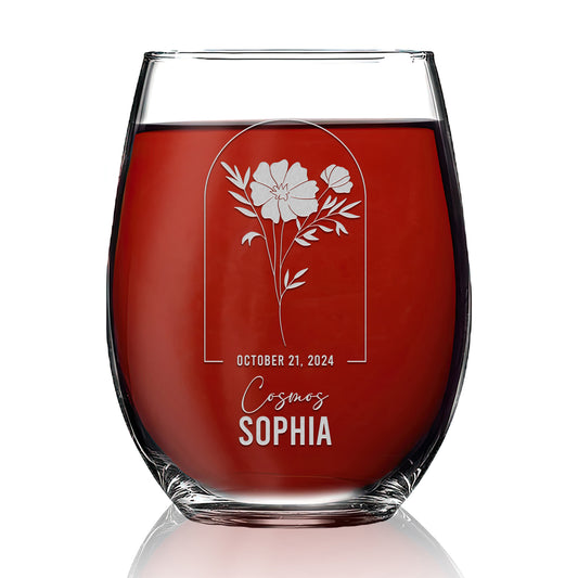 Personalized Stemless Wine Glass - Birth Flowers - Cosmos October