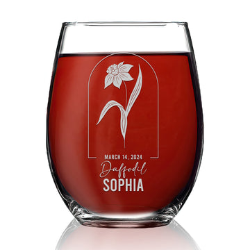 Personalized Stemless Wine Glass - Birth Flowers - 