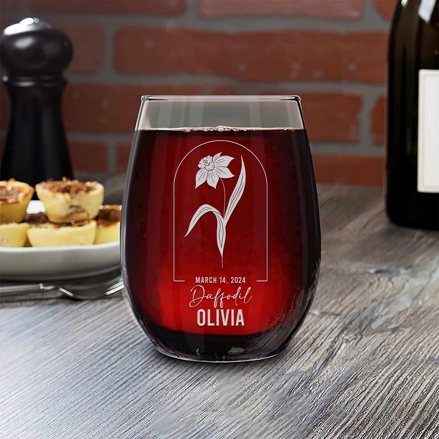 Personalized Stemless Wine Glass - Birth Flowers - Daffodil March