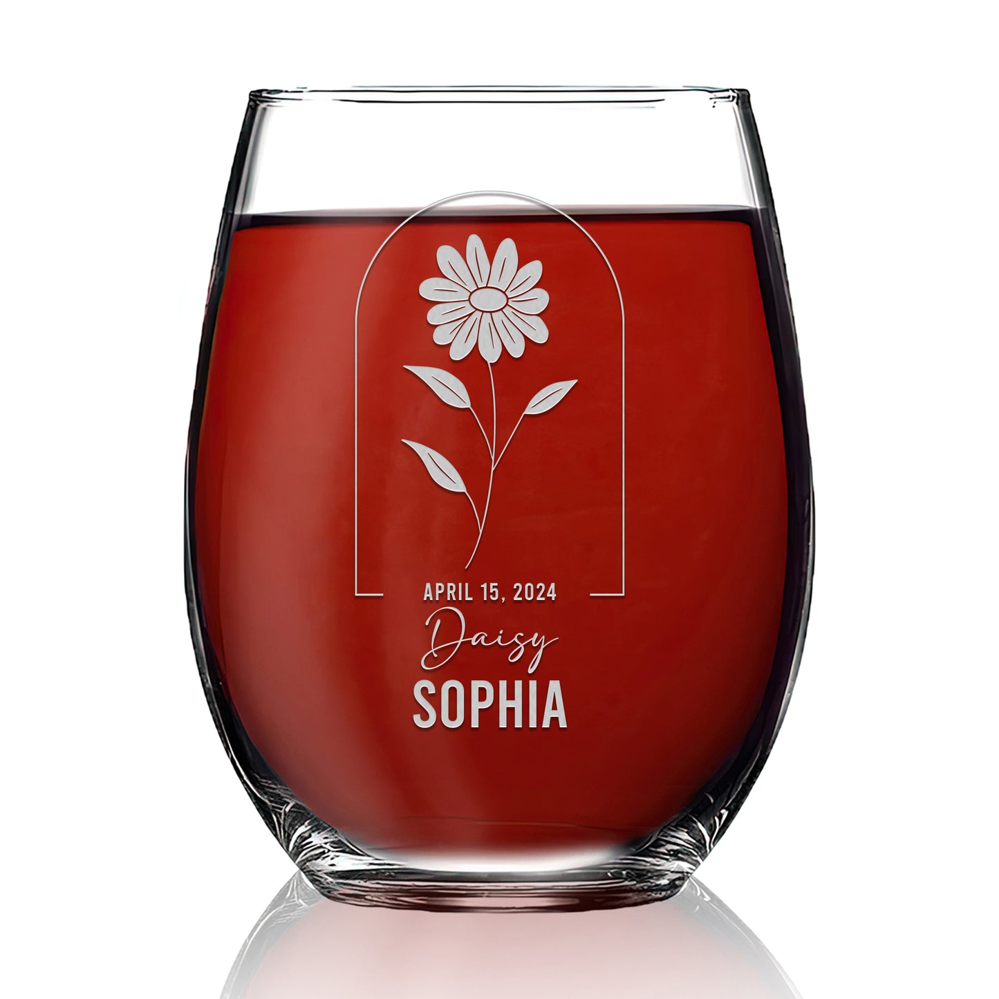 Personalized Stemless Wine Glass - Birth Flowers - Daisy April