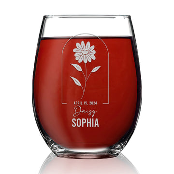 Personalized Stemless Wine Glass - Birth Flowers - 