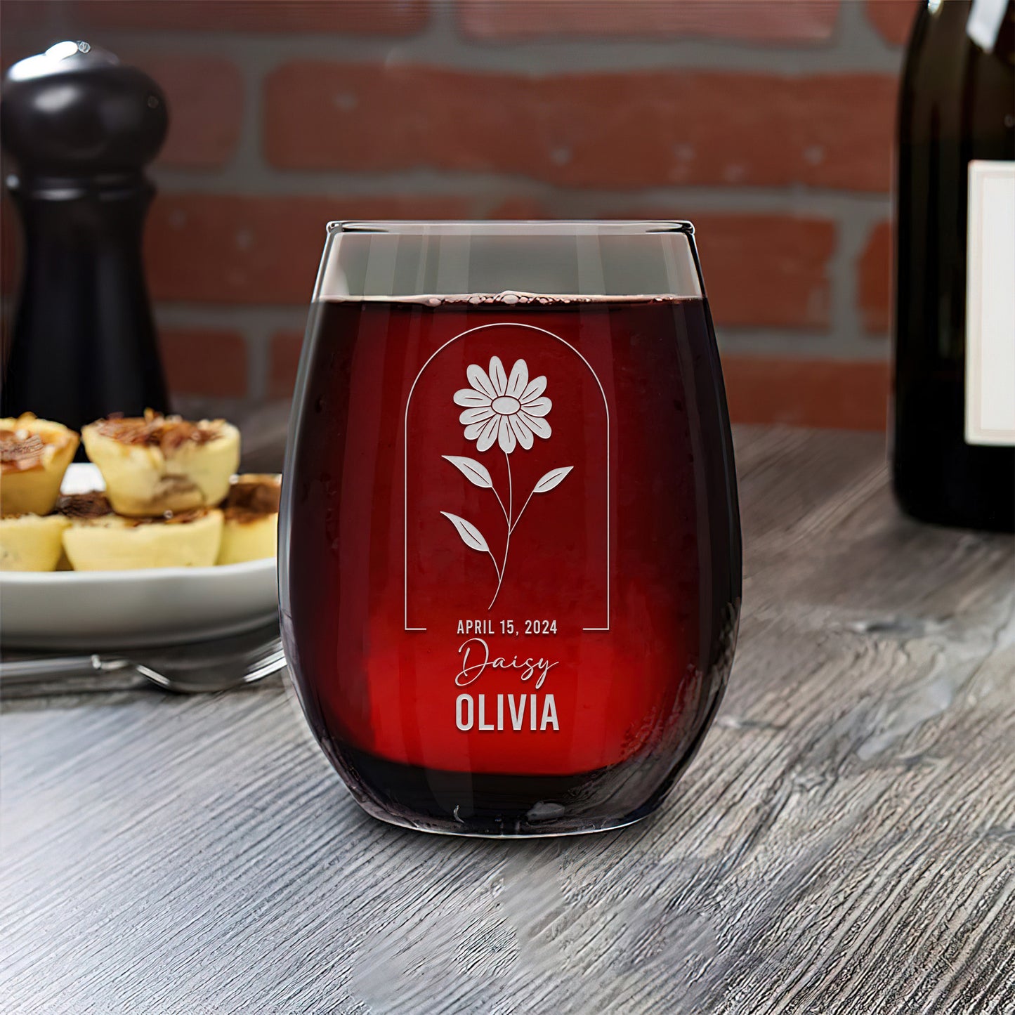 Personalized Stemless Wine Glass - Birth Flowers - Daisy April