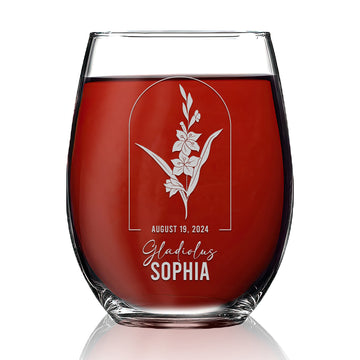 Personalized Stemless Wine Glass - Birth Flowers - 