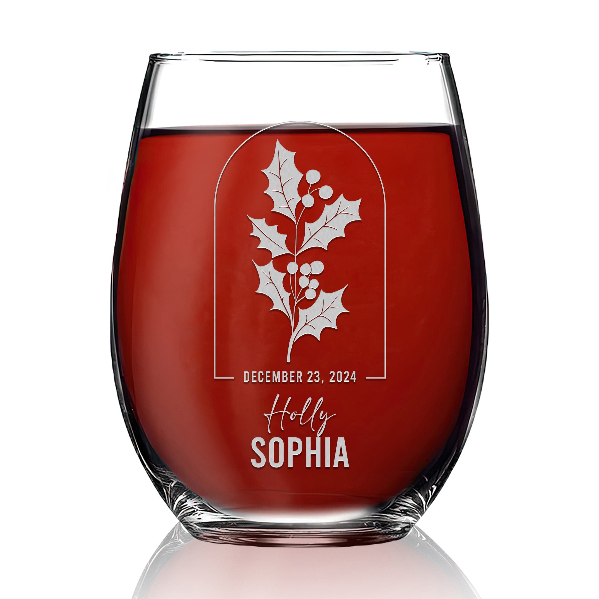 Personalized Stemless Wine Glass - Birth Flowers - "Holly December"