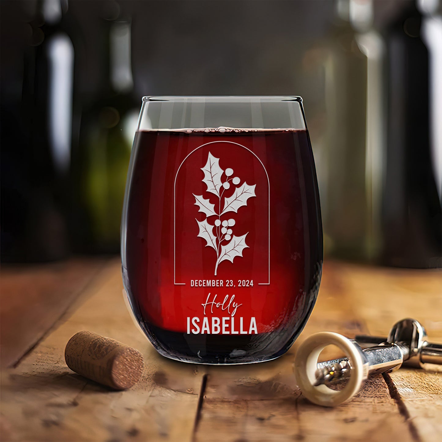 Personalized Stemless Wine Glass - Birth Flowers - Holly December