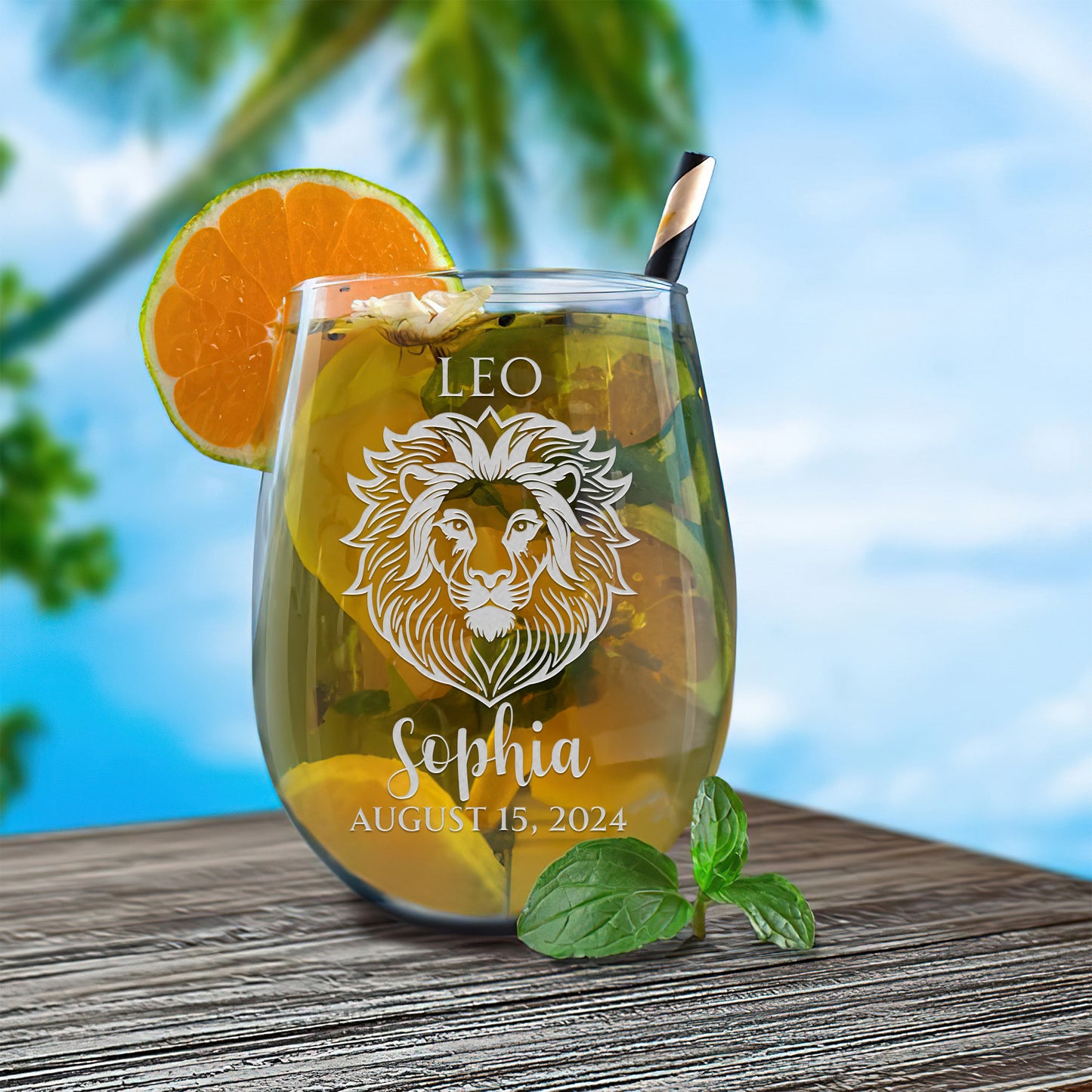 Personalized Stemless Wine Glass - Astrology - LEO