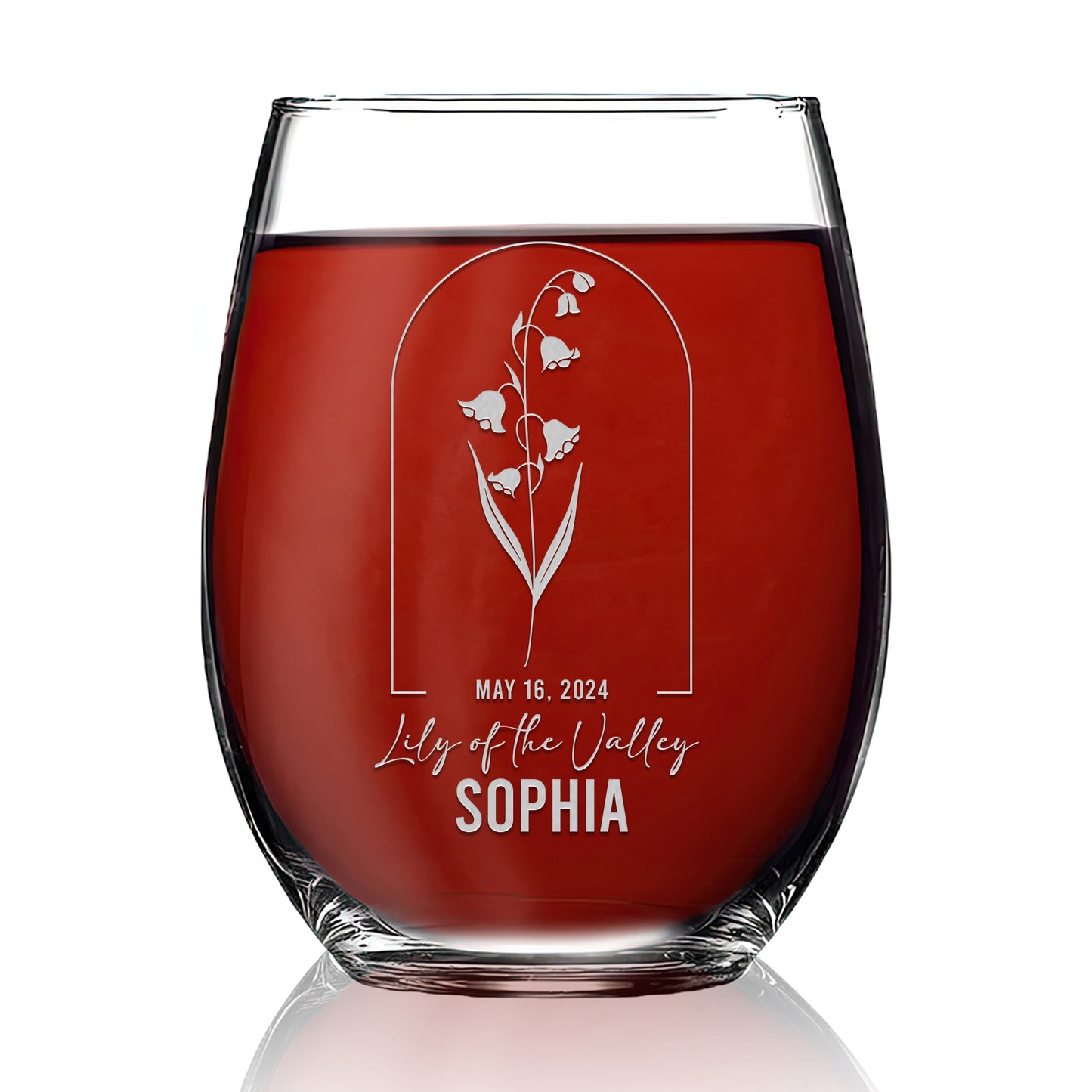 Personalized Stemless Wine Glass - Birth Flowers - Lilly of the Valley May