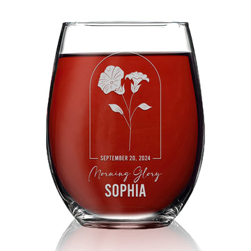 Personalized Stemless Wine Glass - Birth Flowers - 