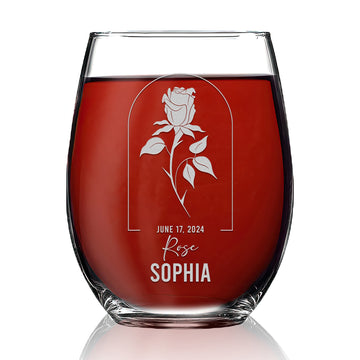 Personalized Stemless Wine Glass - Birth Flowers - 