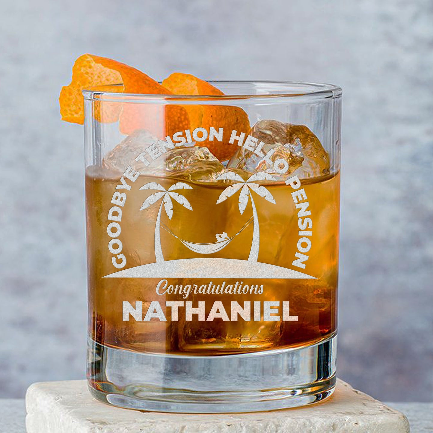 Personalized Whiskey Glass - "Goodbye Tension Hello Pension"