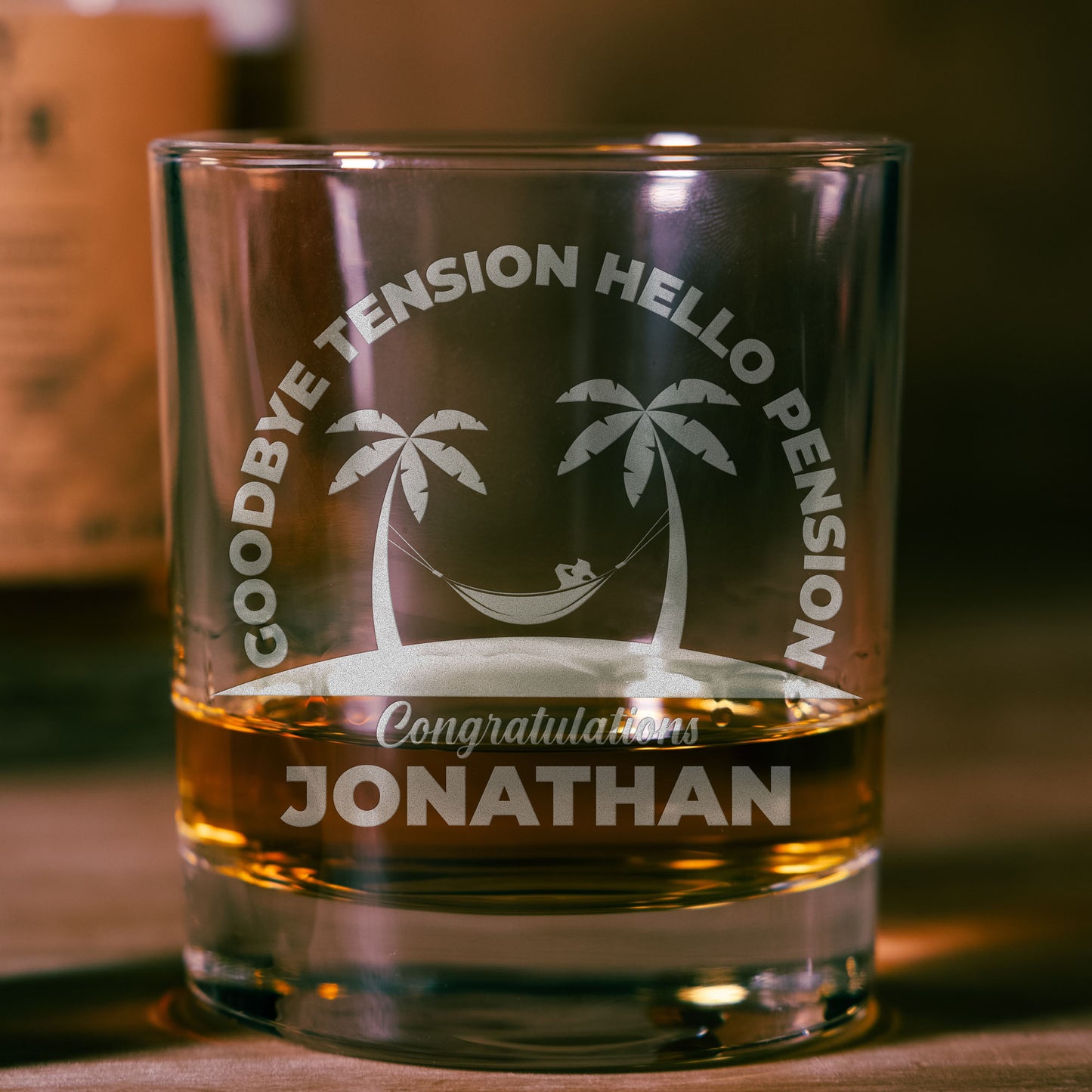 Personalized Whiskey Glass - "Goodbye Tension Hello Pension"