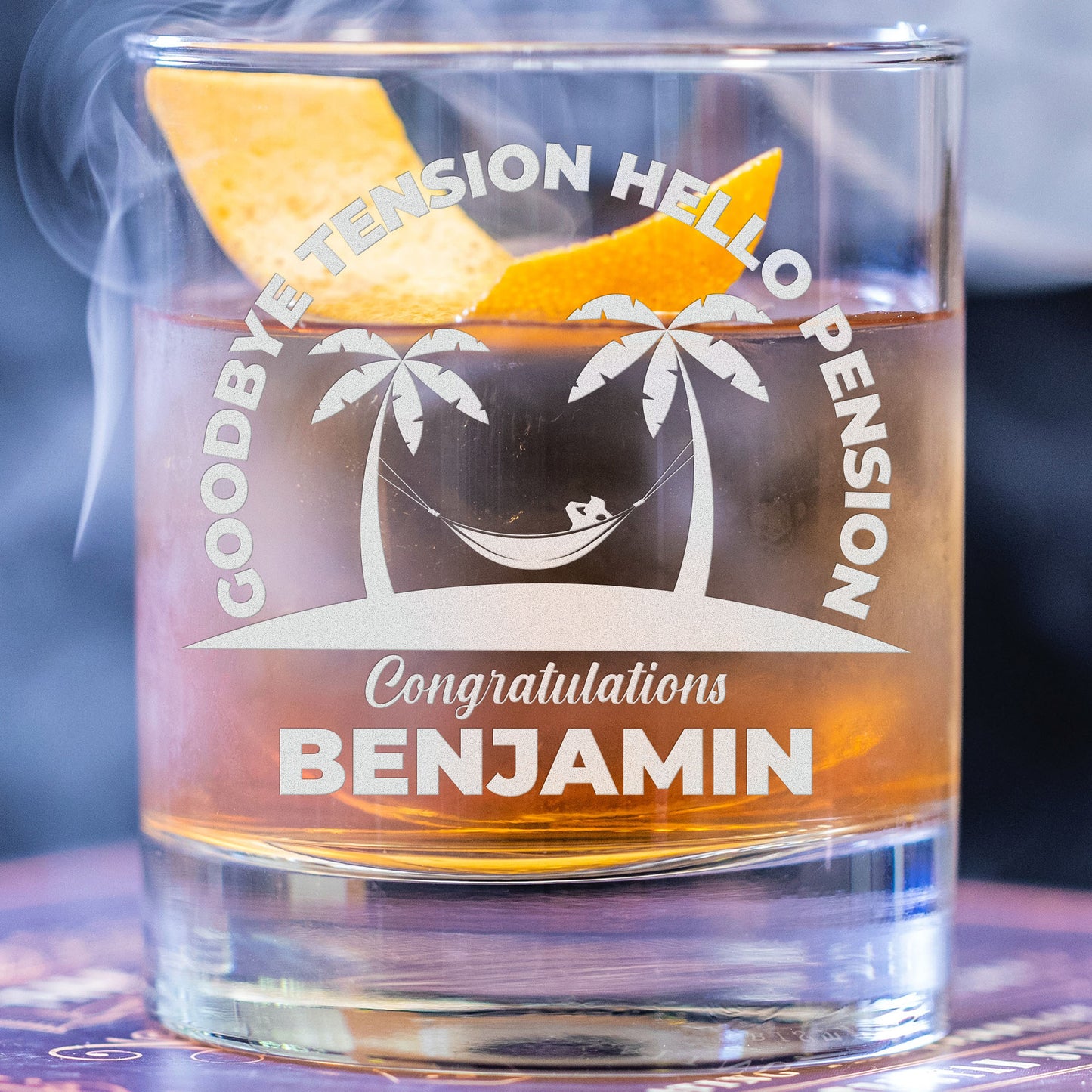 Personalized Whiskey Glass - "Goodbye Tension Hello Pension"