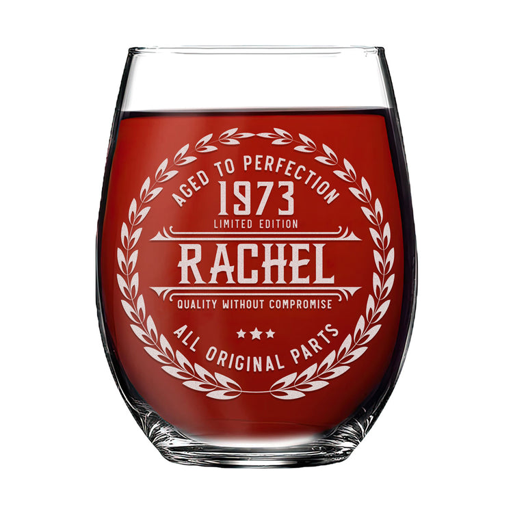 Personalized Stemless Wine Glass - "Aged to Perfection"