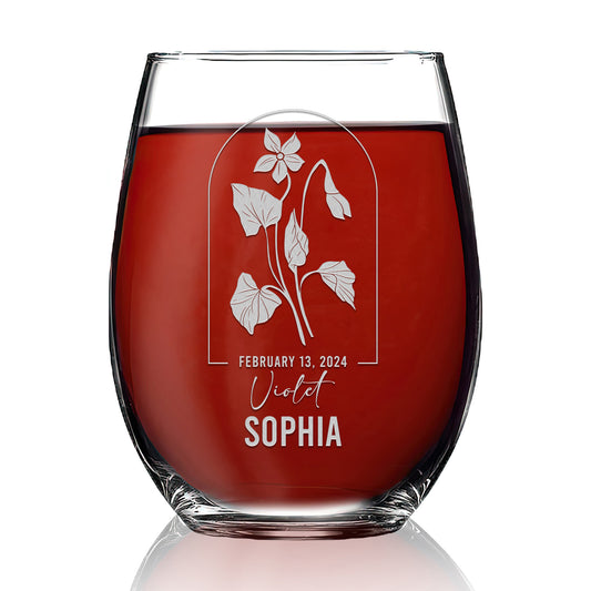 Personalized Stemless Wine Glass - Birth Flowers - Violet February