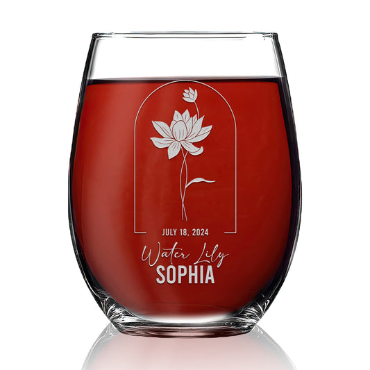 Personalized Stemless Wine Glass - Birth Flowers - Water Lily July