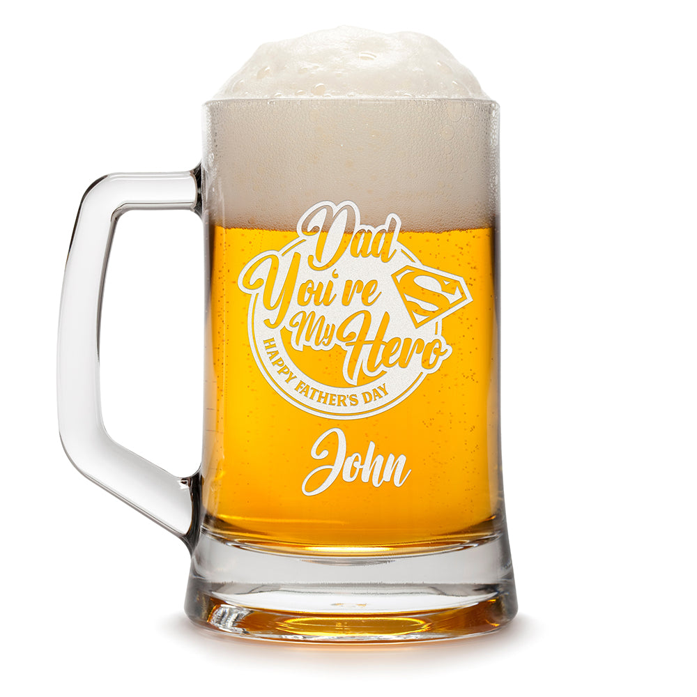 Personalized Beer Mug - "Dad, You're My Hero"