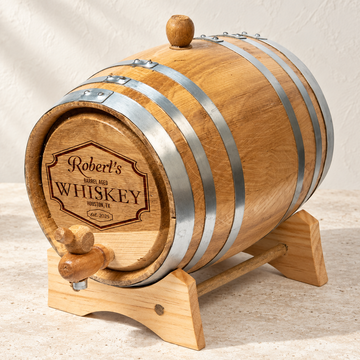 The Barrel - Personalized American White Oak Aging Barrel photographed on pale limestone