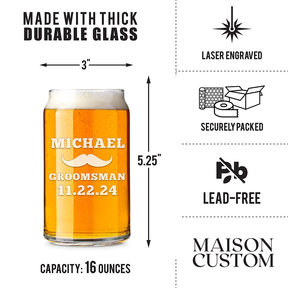 Personalized Beer Can Glass - "Moustache Groomsman"