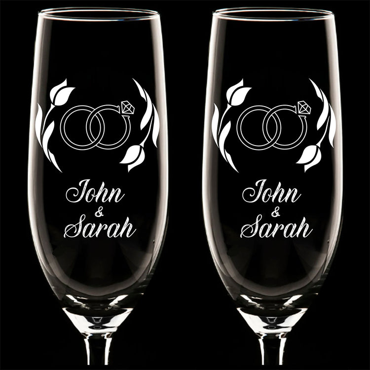 Personalized Champagne Flute Glass Set - "Engagement Rings"
