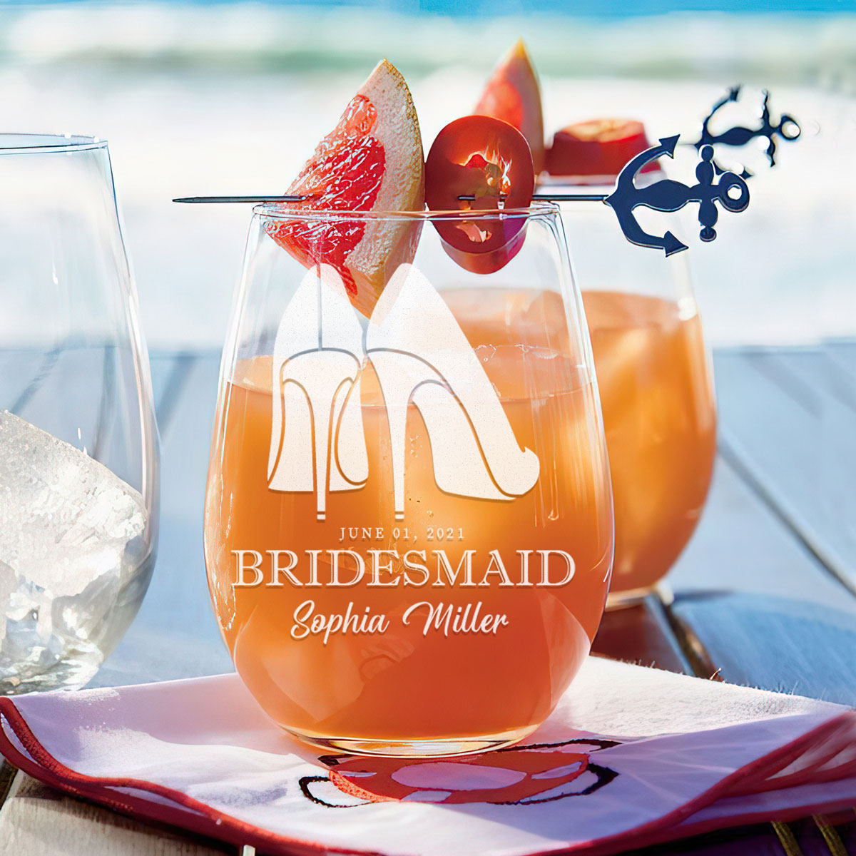 Personalized Stemless Wine Glass - "Bridesmaids High Heels"