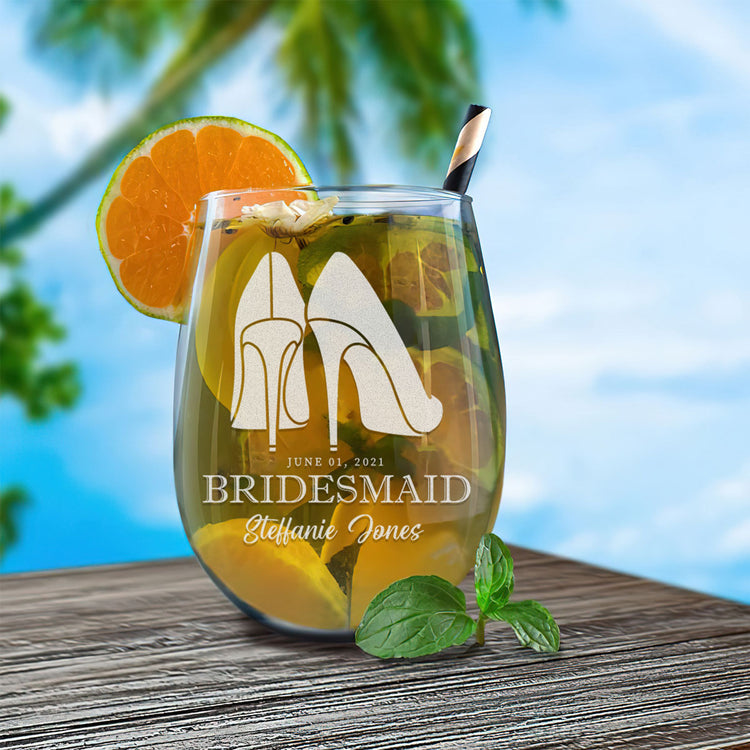 Personalized Stemless Wine Glass - "Bridesmaids High Heels"