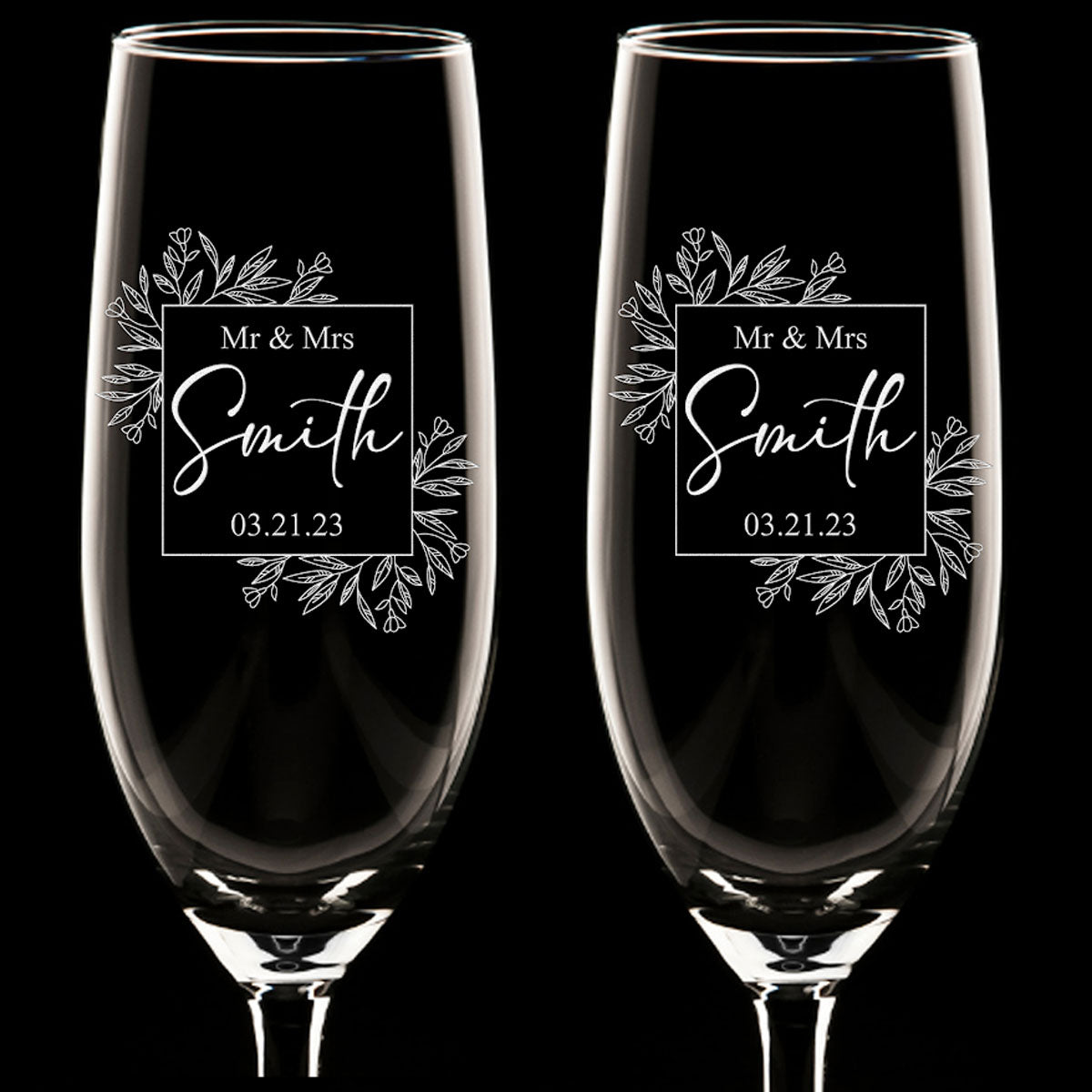 Personalized Champagne Flute Glass Set - "Mr & Mrs"