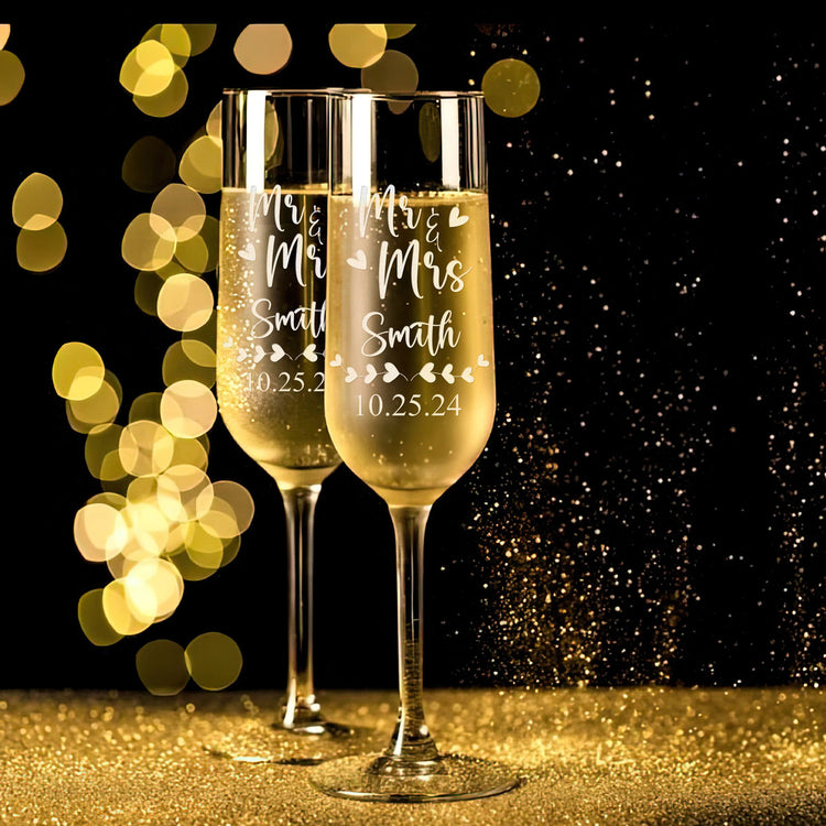 Personalized Champagne Flute Glass Set - "Mr & Mrs Hearts"