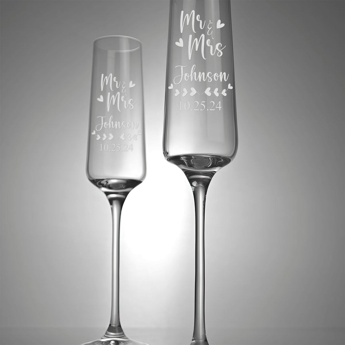 Ensemble de verres flûte à champagne personnalisés - "Mr &amp; Mrs Hearts"