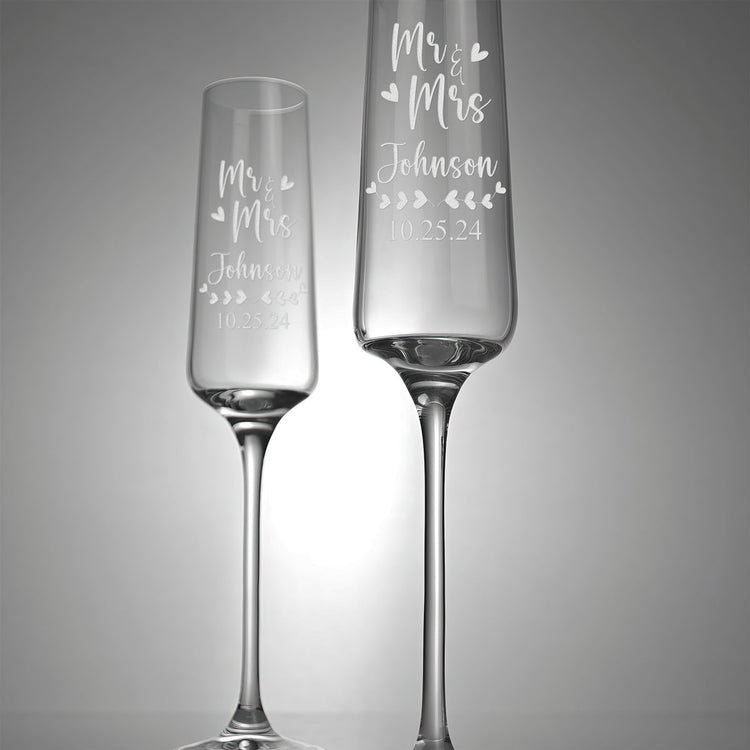 Personalized Champagne Flute Glass Set - "Mr & Mrs Hearts"