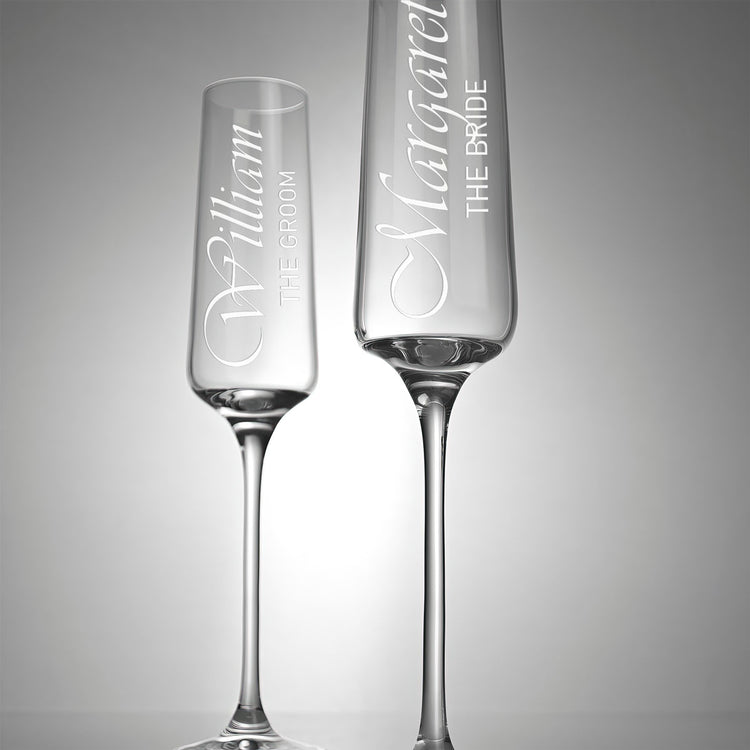 Personalized Champagne Flute Glass Set - "Groom and Bride"