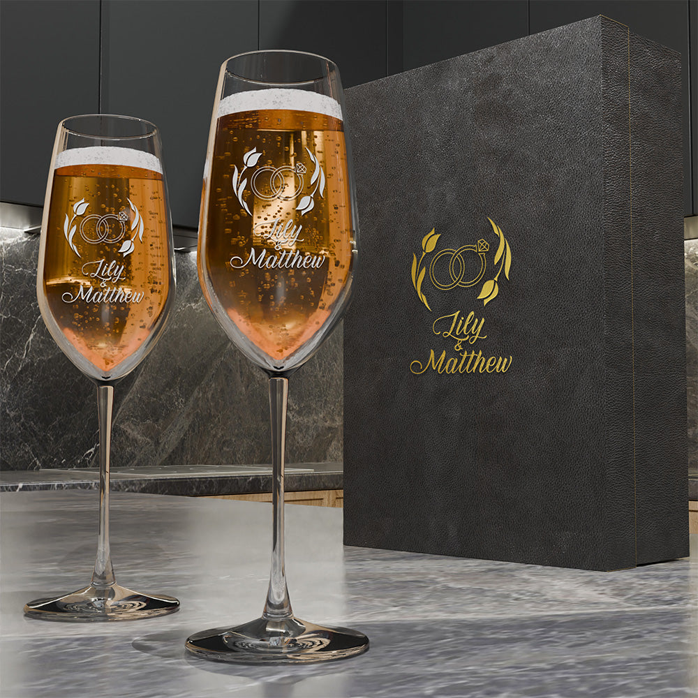 Personalized Champagne Flute Glass Set - "Engagement Rings"