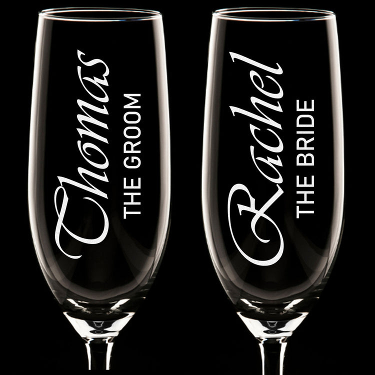 Personalized Champagne Flute Glass Set - "Groom and Bride"