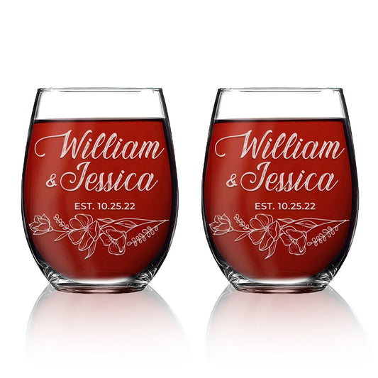 Personalized Stemless Wine Glass - "Floral Relationship Set"