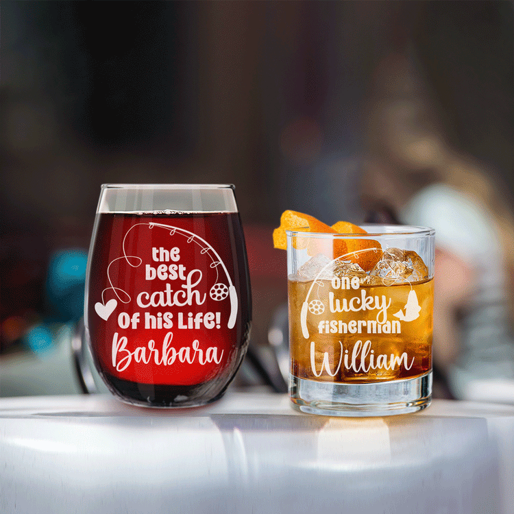 Personalized Whiskey and Wine Glass Set - Lucky Fisherman and his Best Catch
