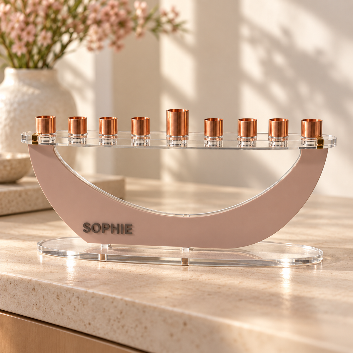 SOPHIE personalized Crescent menorah in Blush with Milk Chocolate lettering, clear oval base and copper candle cups