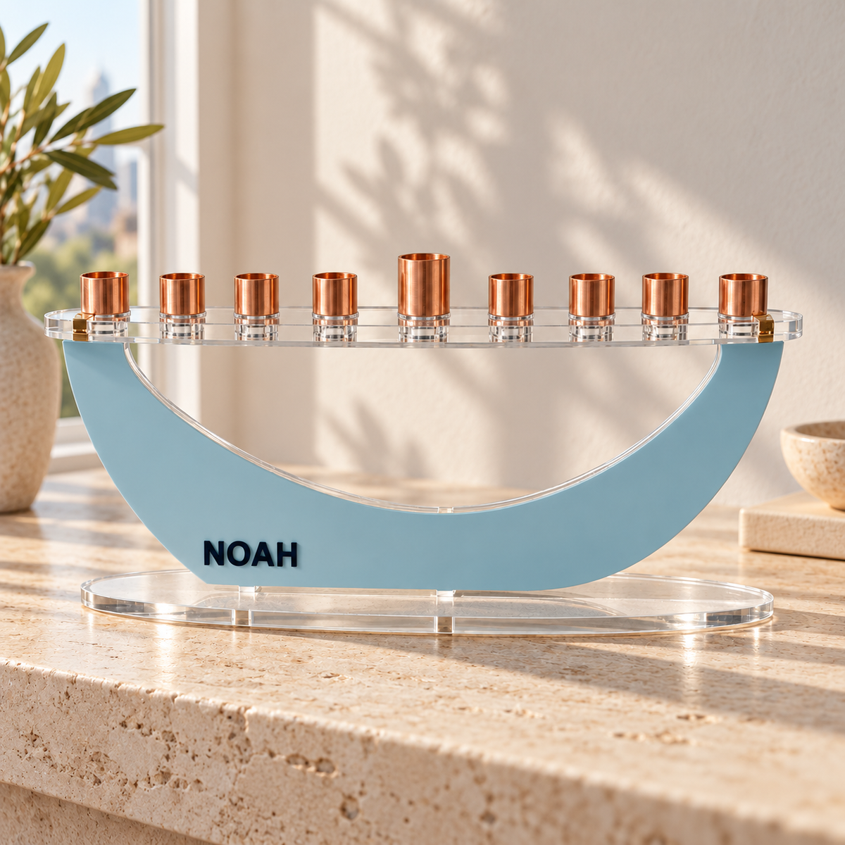 NOAH personalized Crescent menorah in Ice with Navy lettering, clear oval base and copper candle cups