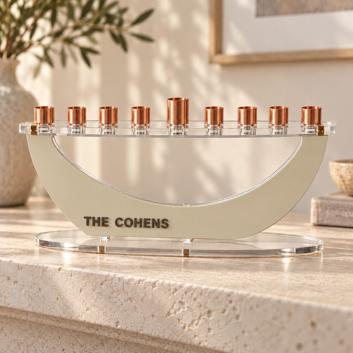 THE COHENS personalized Crescent menorah in Linen with Milk Chocolate lettering, clear oval base and copper candle cups